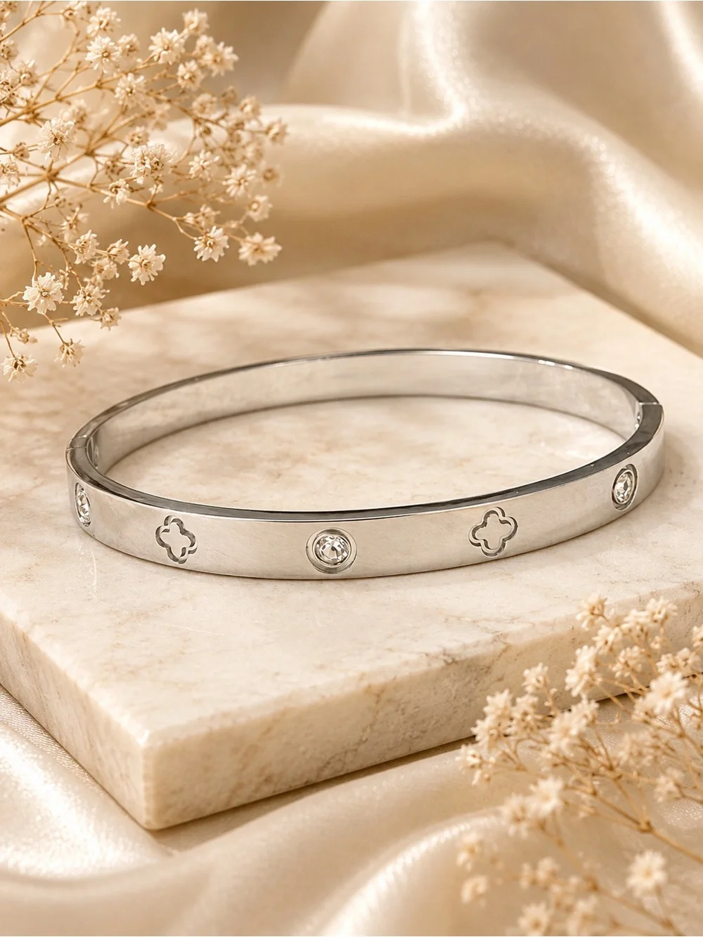 Stainless Steel Cubic Zirconia Clover Bangle Bracelet Luxury Inspired Size 7